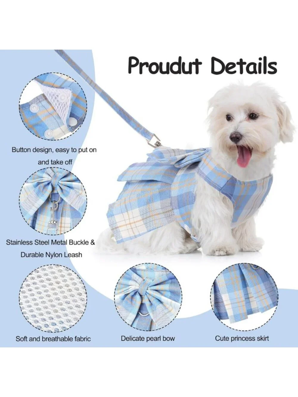 Adorable 4-Piece Plaid Dog Dress Set with Bow, Harness & Leashes - XS, Light